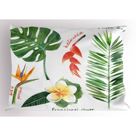 Assorted Leaves - Plant Pillow Sham Bird of Paradise Palm Leaf and Assorted Exotic Flowers Watercolor, Decorative Standard King Size Printed Pillowcase, 36 X 20 Inches, Coral Earth Yellow Fern Green, by Ambesonne