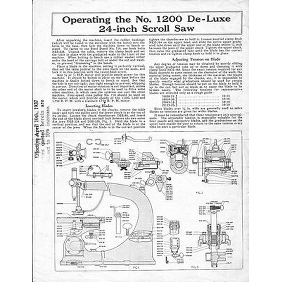 Delta Rockwell Operating the No 1200 Deluxe 24 Inch Scroll Saw Instructions REPRINT