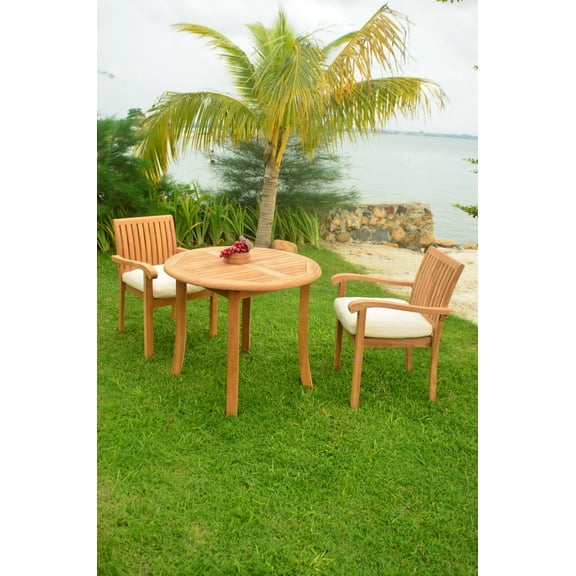 Teak Dining Set:2 Seater 3 Pc - 36" Round Table And 2 Napa Stacking Arm Chairs Outdoor Patio Grade-A Teak Wood WholesaleTeak #WMDSNP1