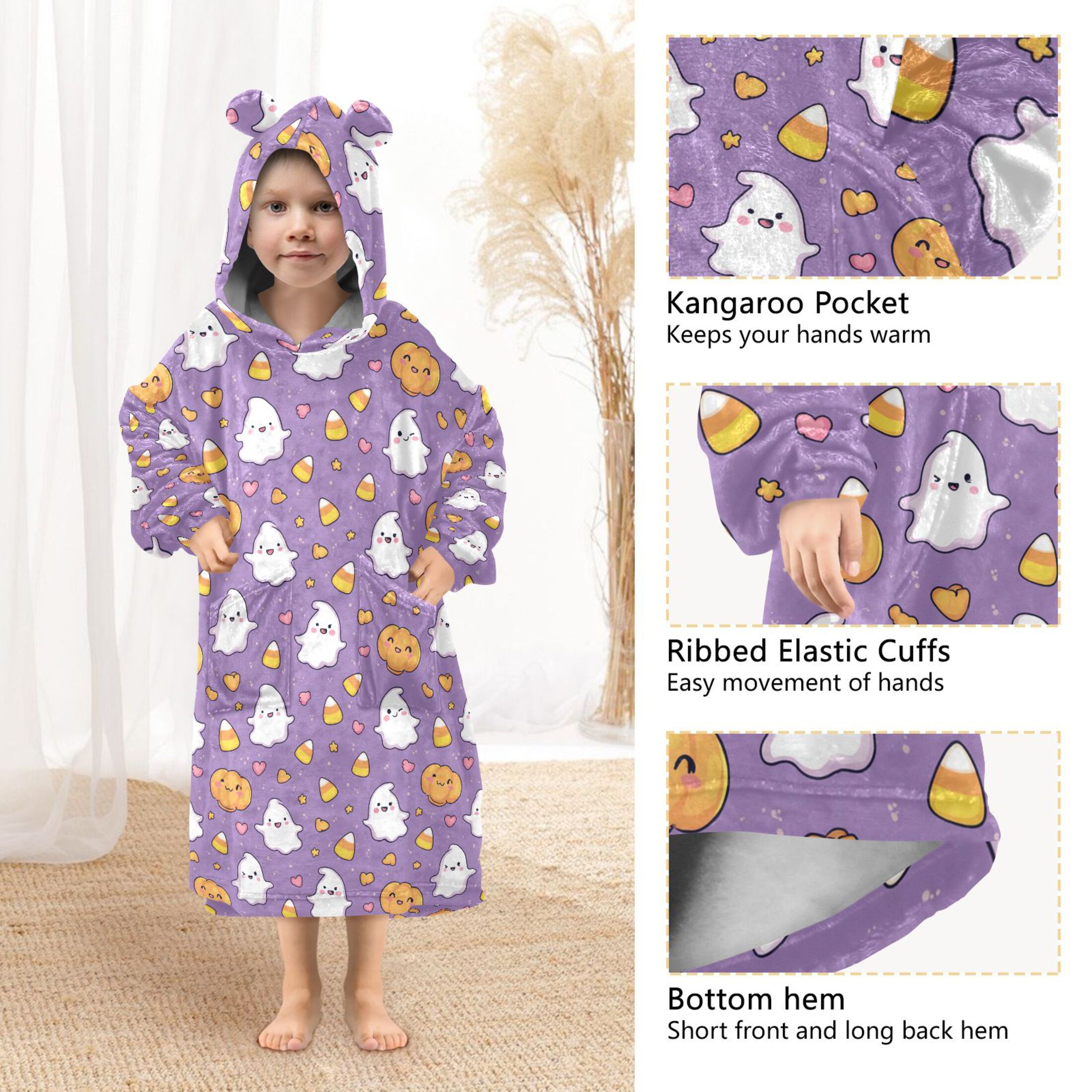Wearable Blanket Hoodie for Kids Cute Cartoon Pumpkin Ghost Corn Flannel Hooded Blanket with Pockets and Sleeves Suitable for Boys and Girls