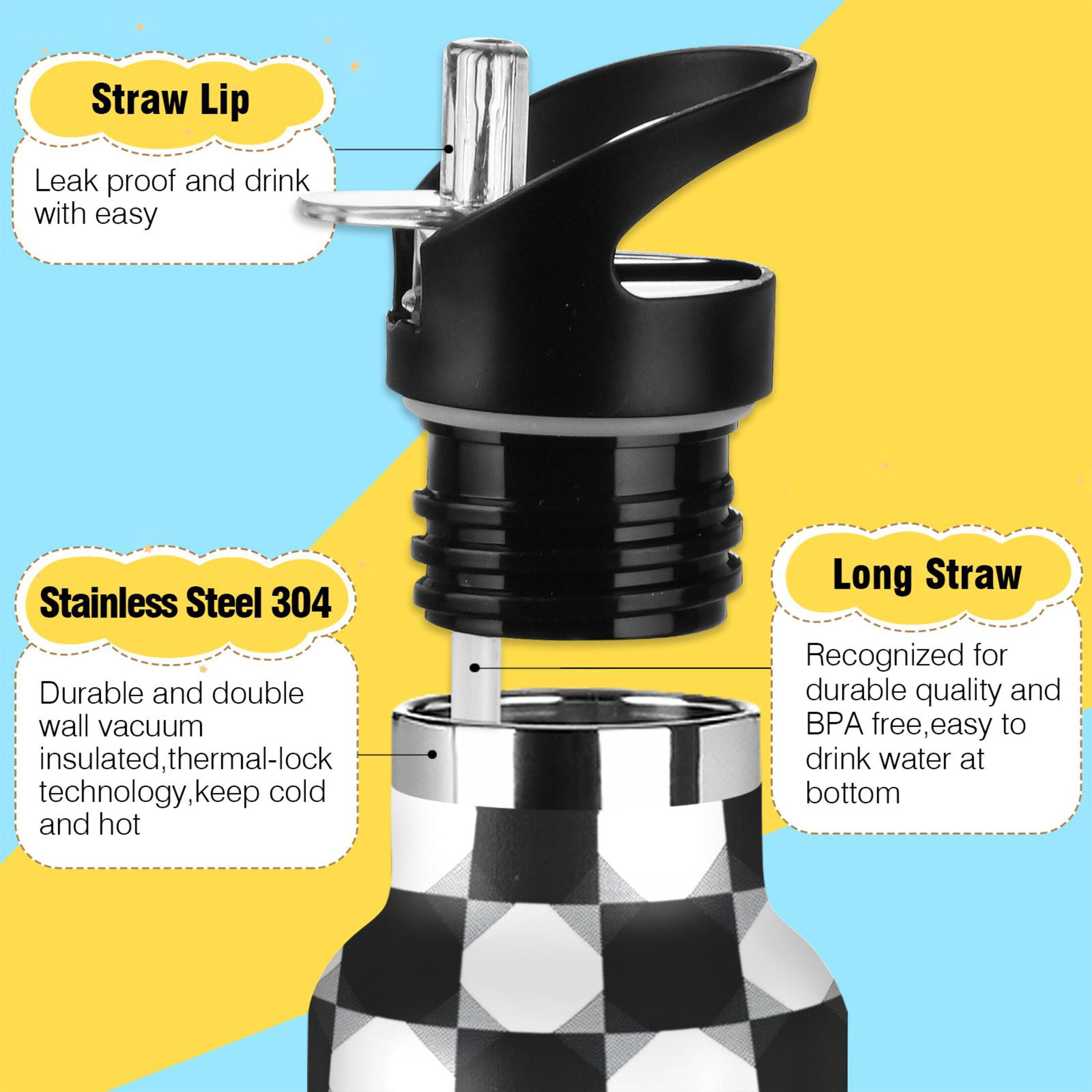 Kids Insulated Stainless Steel Sports Water Bottle 600ml (20oz), BPA-Free Black and White Gingham Pattern