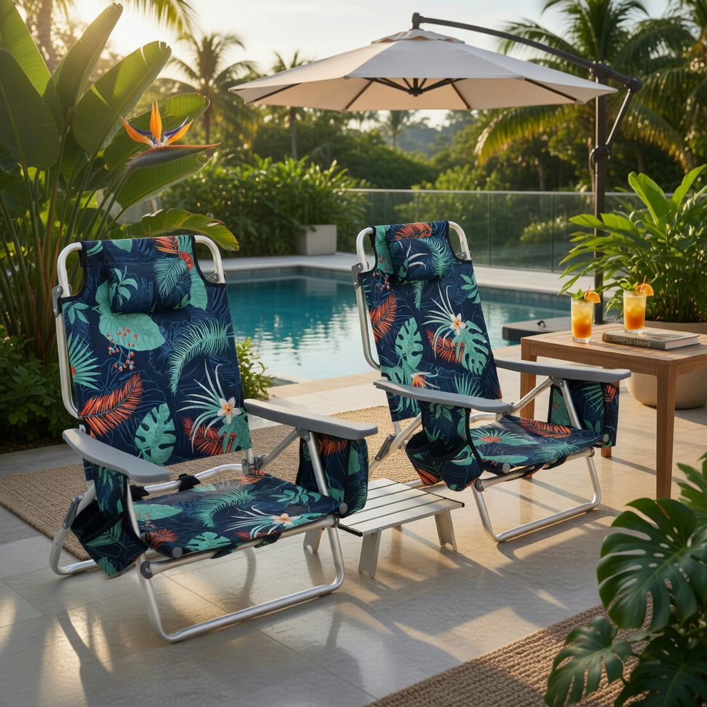 Hommoo 2-Pack Portable 5-Position Reclining Beach Chairs with Folding Side Table, Lightweight Aluminum Camping & Outdoor Chair Set, Green