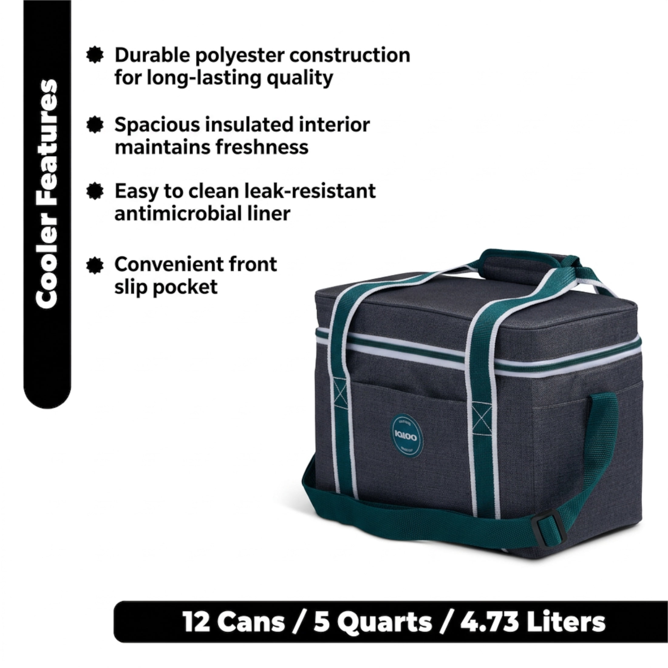 Igloo Heritage Soft-Sided Lunch Cooler Bag, 12 Can Capacity, Gray and Teal, Insulated Soft Cooler Keeps Food and Drink Cold Wherever You Are