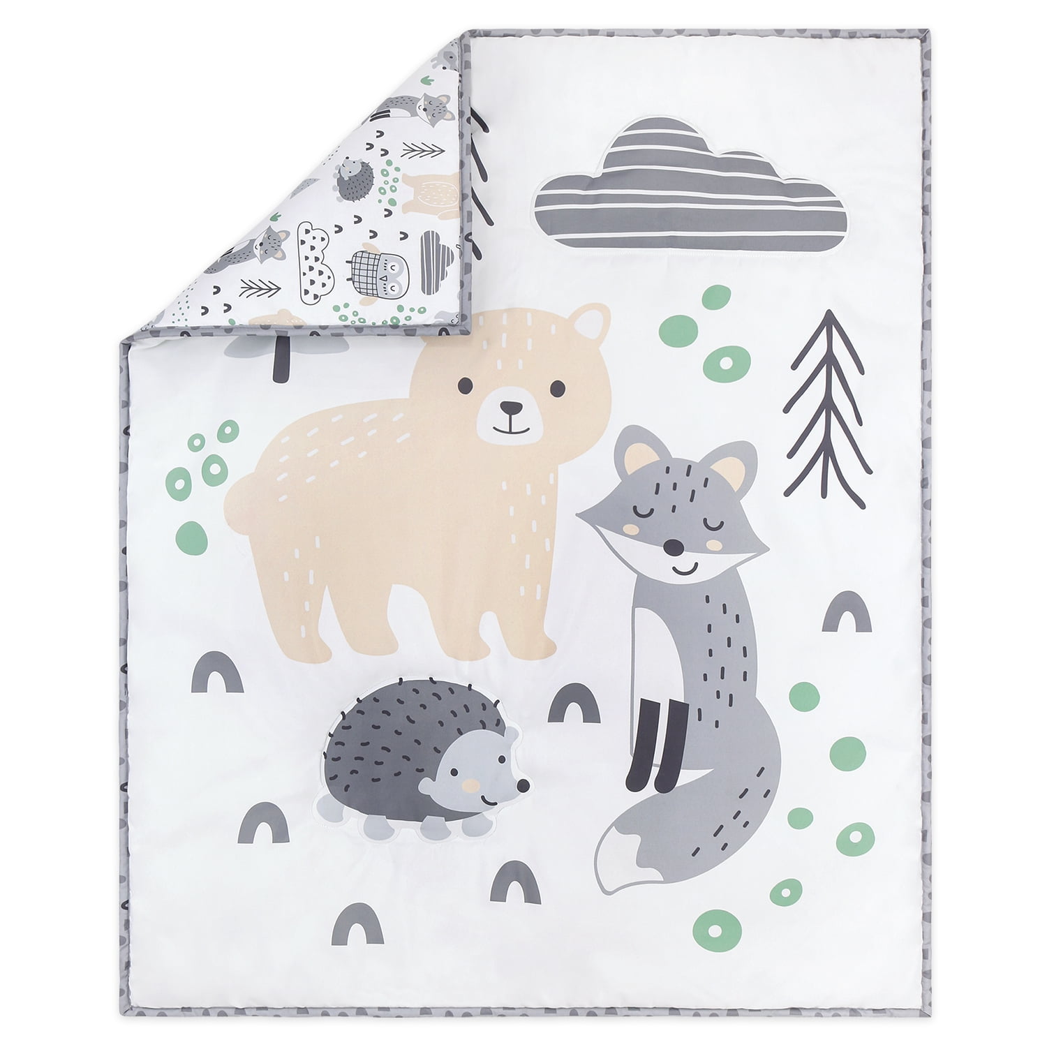 The Peanutshell Grey, Tan and Green Woodscape 5 Piece Crib Bedding Set for Baby Boys or Girls, Nursery Set with Blanket