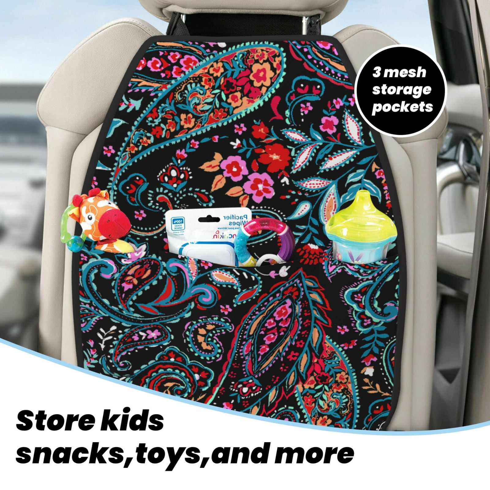 Xecao Paisley Pattern Car Seat Back Protector 2 Pack Large Capacity Pocket, Kick Mats Back Seat Protector