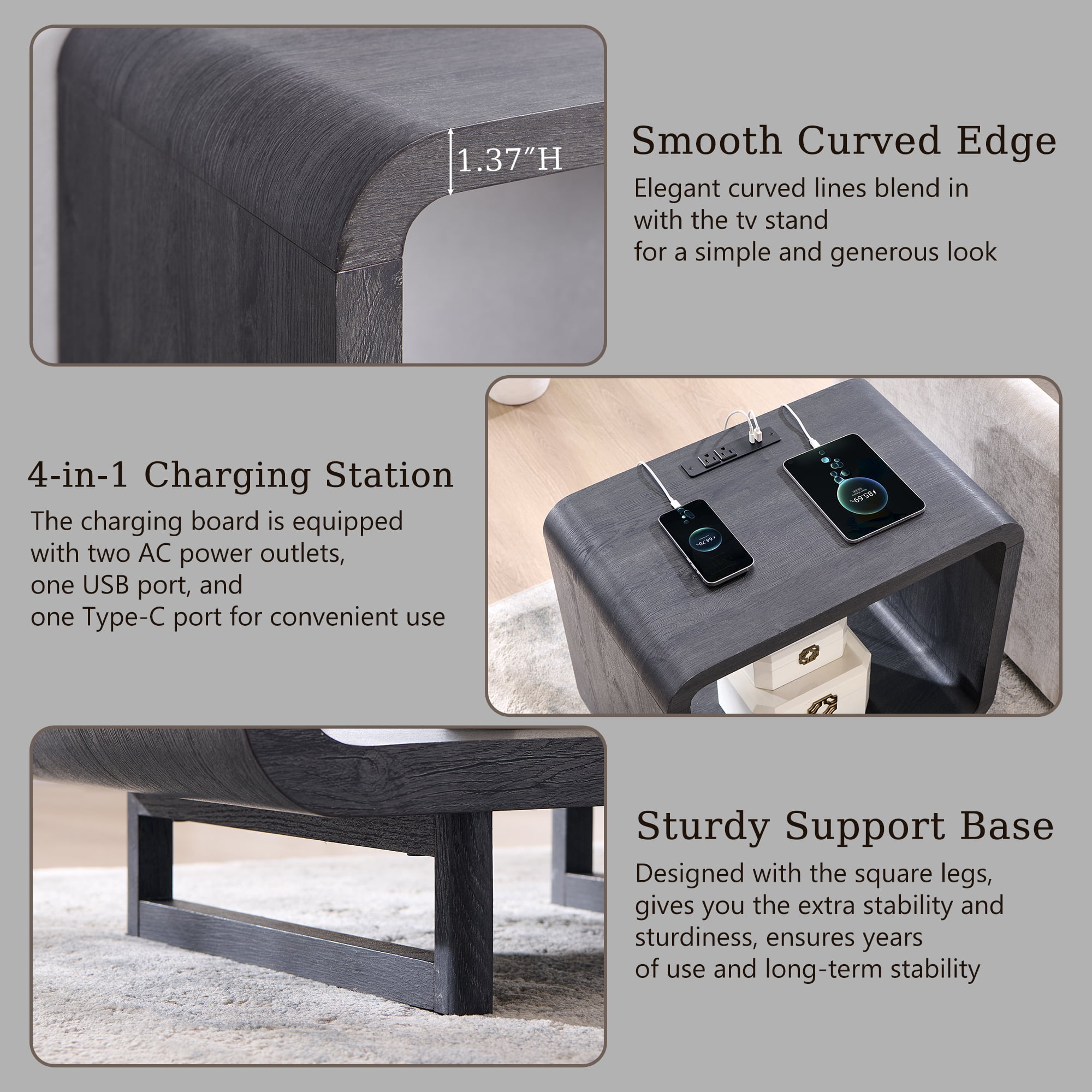 SinCiDo End Table with Charging Station, 23.6" Modern Bedside Table with Open Storage Shelf, Nightstand for Bedroom Living Room