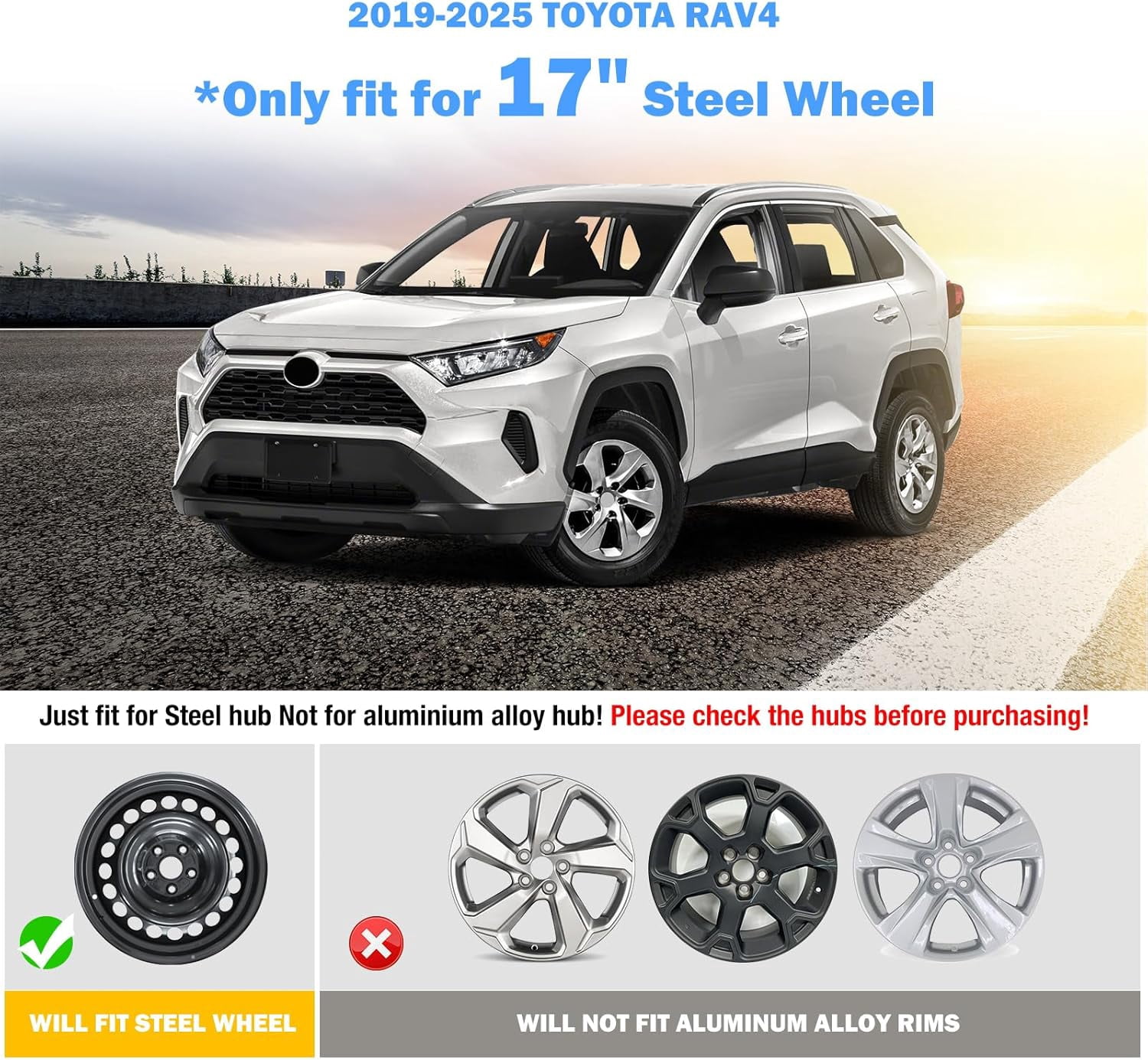 4-Pack Hubcaps for 2019 2020 2021 2022 2023 2024 2025 Toyota RAV4,17" Steel Wheel,Snap On Tire Cover Replacement Black Lacquer