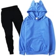 thumbnail image 5 of Ulitacool Outfits For Girls Round Neck Solid Color Long Sleeve Tracksuit Hoodie Pants Retro Little Girls Clothing 7-8 Years Blue, 5 of 5