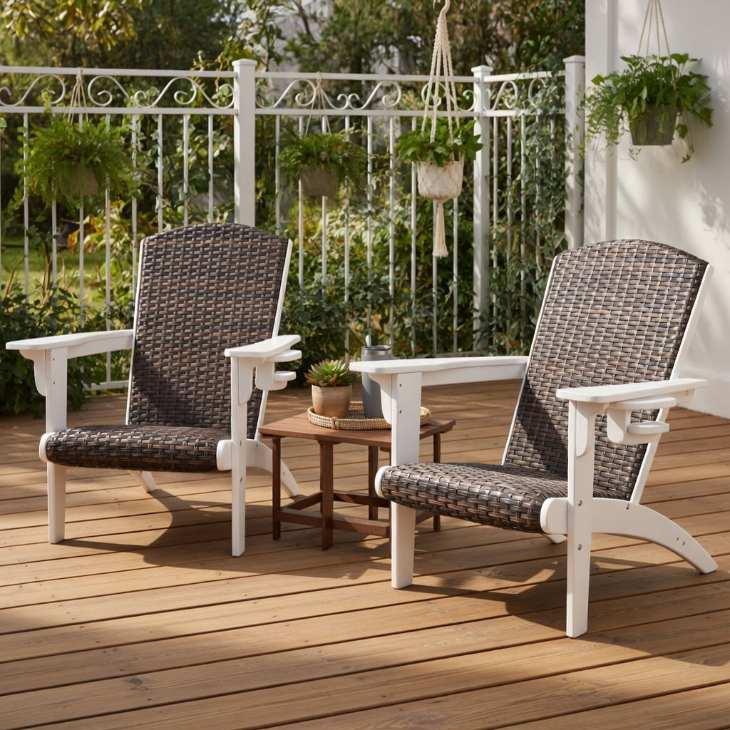 Demi Bonn Outdoor Adirondack Chair with Rattan Padded Seat and Hidden Cupholder, Fire Pit Lounge Chairs for Yard, Garden, Patio, White