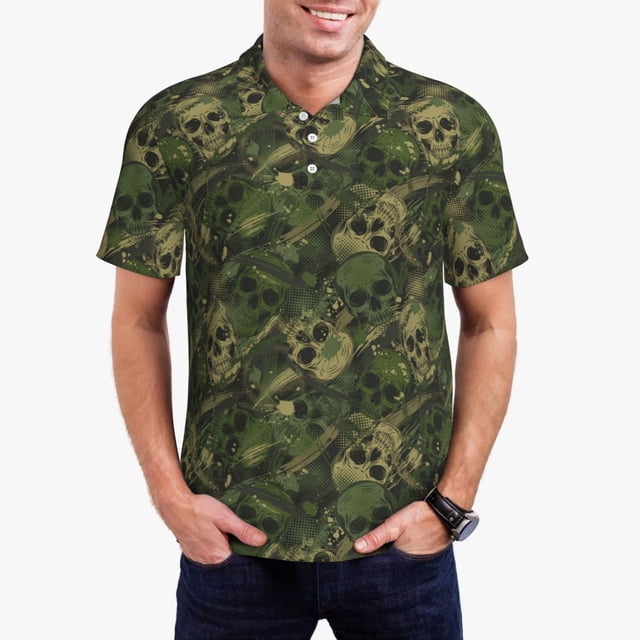 Balery Green Camouflage Skull Camisa Polo de Hombre con Estampado, de Manga Corta y Tejido Medio, Camisa Tipo Golf Polo-4X-Large