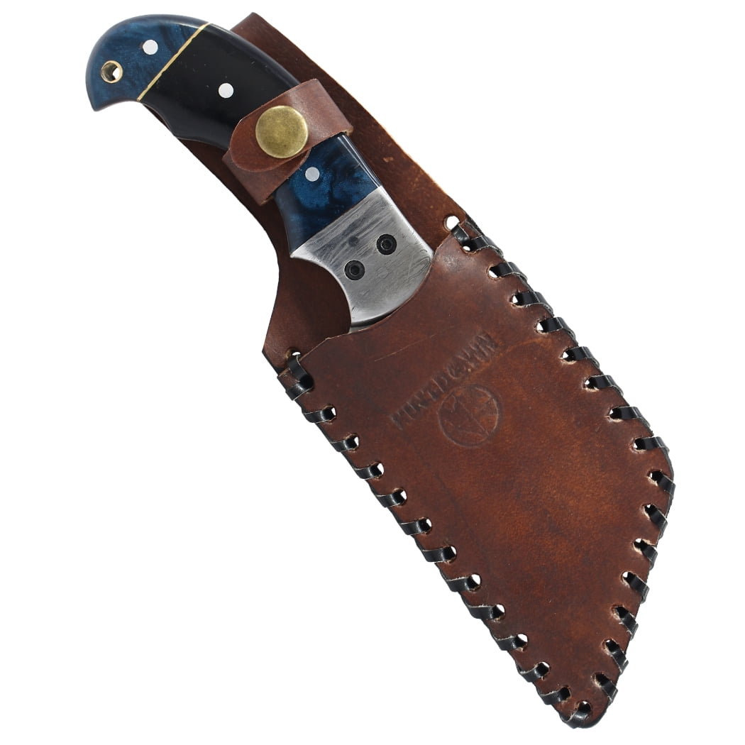 Hunt-Down 9" Blue & Black Resin Handle Damascus Bolster Hunting Knife with Leather Sheath