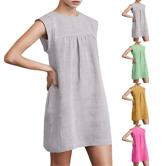 ZZwxWA Womens Casual Cap Sleeve Mini Linen Dress, Summer Relaxed Fit Crewneck Ruched Sundresses Solid Short Modest Dresses