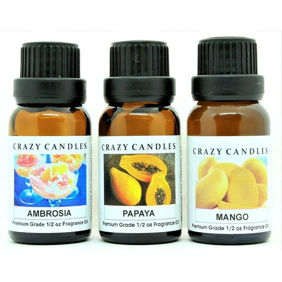 Crazy Candles 3 Bottles Set, 1 Ambrosia, 1 Papaya, 1 Mango 1/2 Fl Oz Each (15ml) Premium Grade Scented Fragrance Oils