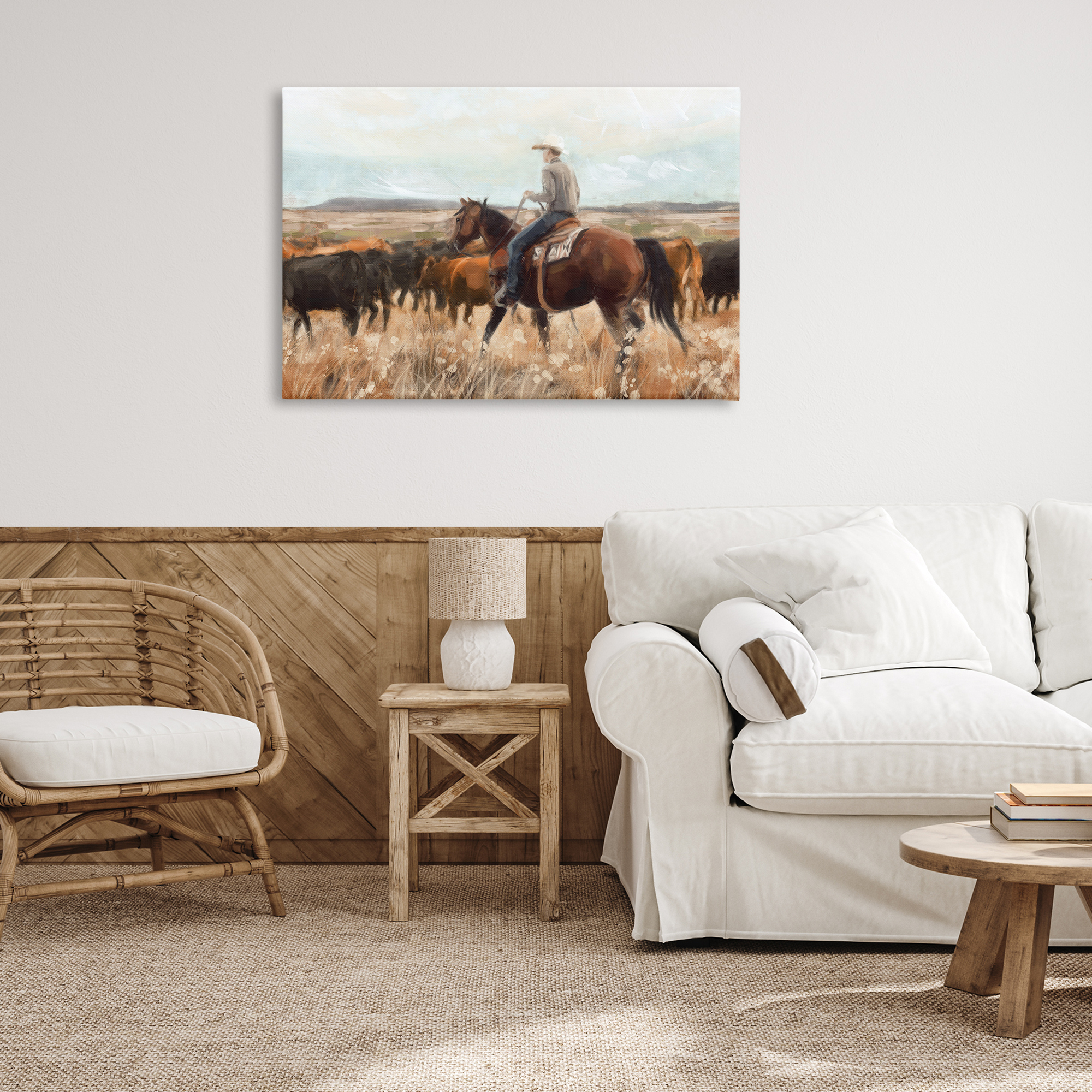 Stupell Industries Cowboy Rounding Cattle Landscape Painting Gallery Wrapped Canvas Art Print Wall Art, 36 x 24