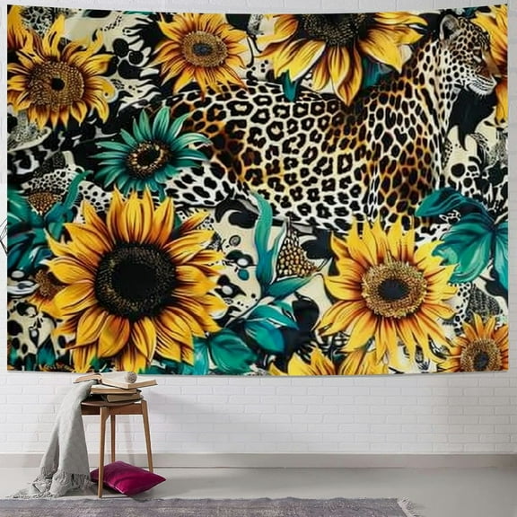 BCIIG Leopard Print Sunflowers Tapestry Wall Hanging Unique Style Graphic Tapestries Home Wall Decor Art for Living Room Bedroom Apartment Farmhouse Dorm 40x30inch