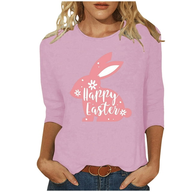 RKSTN Womens Tops Easter Cute Bunny Printed Loose Fit Tops Round Neck 3/4 Sleeve Spring Summer Soft Blouse Tops