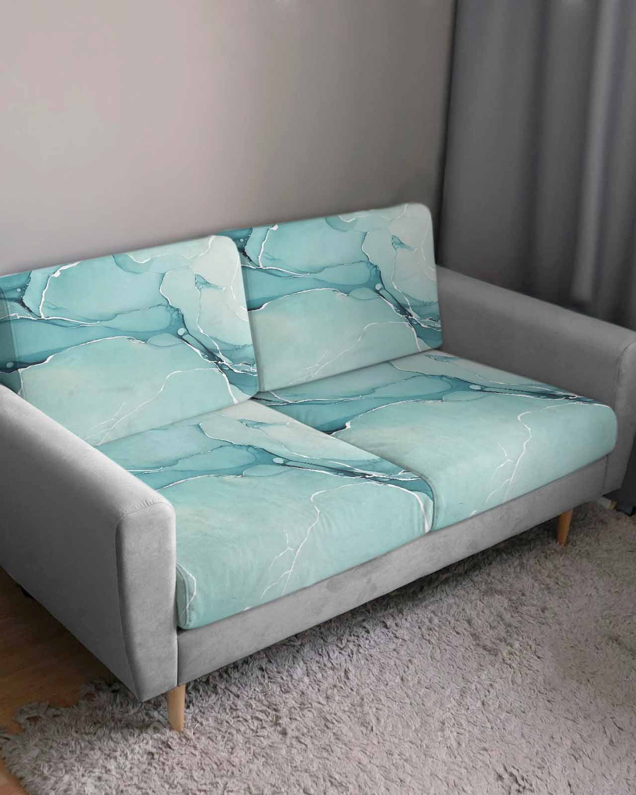 Turquoise Couch Cushion Covers,Stretch Seat Cushion Covers for Sectional Sofa,Modern Marble Ink Painting Abstract Art Individual Sofa&nbsp;Slipcovers Furniture Protector with Elastic&Straps 1Pcs,S
