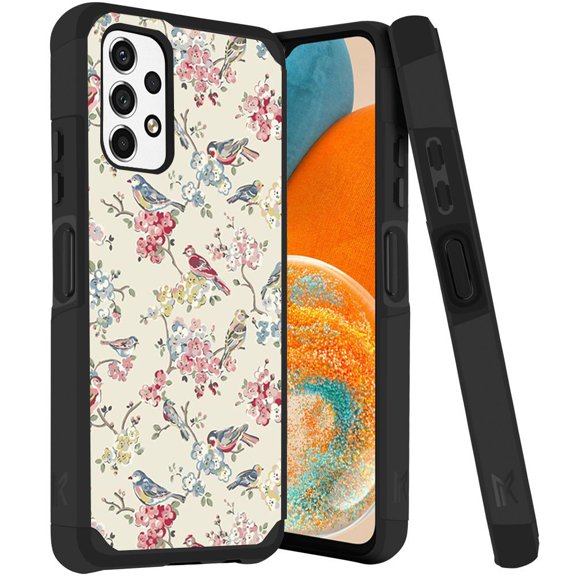 ANJ  Rugged Dual Layered Shockproof Slim Hybrid Case   Tempered Glass Cover Compatible with Samsung Galaxy A23 5G - Birds and Flowers (Cream)