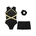 thumbnail image 3 of TTAO Kids Girls Sparkle Gymnastics Leotard Tumbling Bodysuit Unitard with Athletic Dance Shorts Hair Tie Set Black 16, 3 of 7