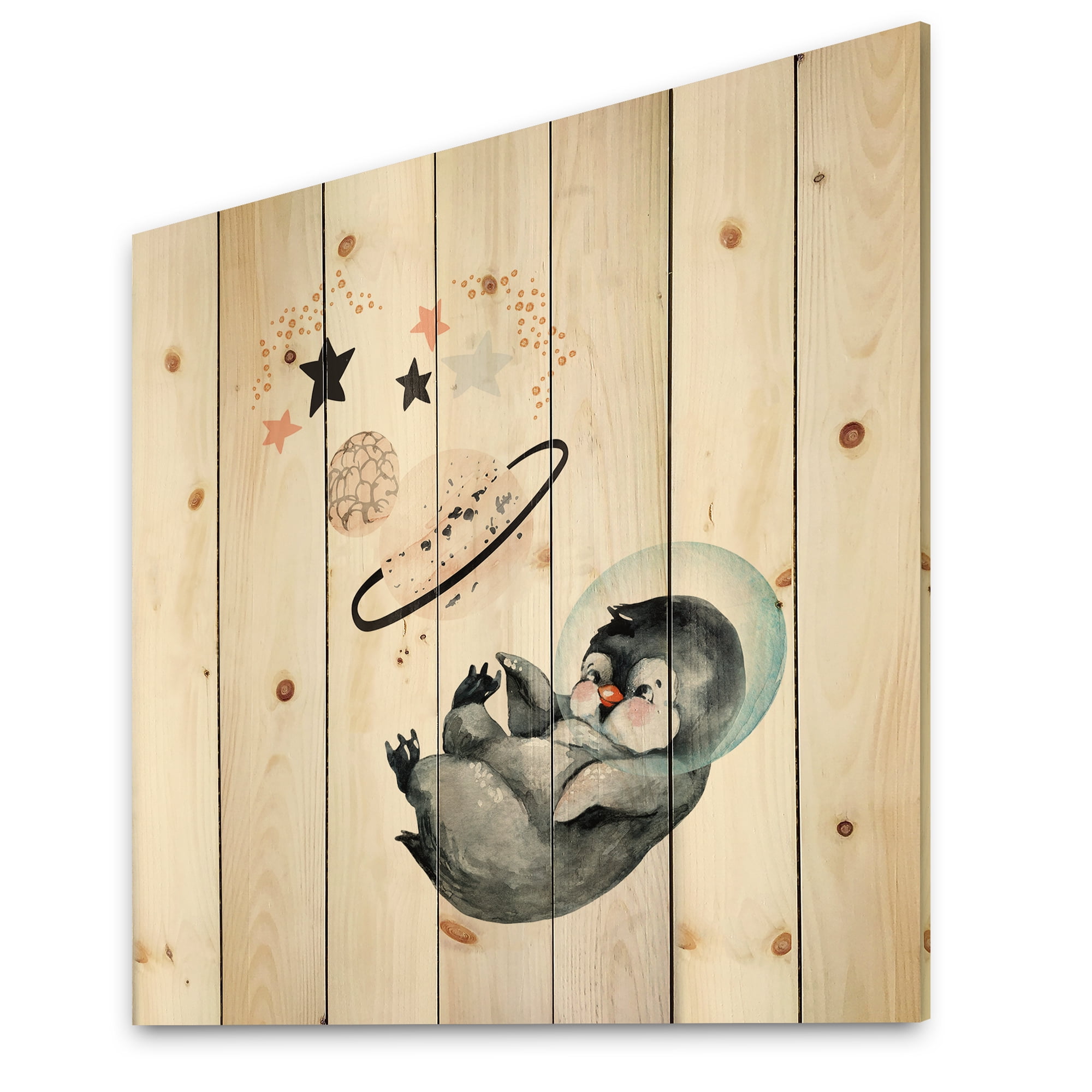 Designart 'Little Penguin With Planets and Stars I' Farmhouse Print on Natural Pine Wood