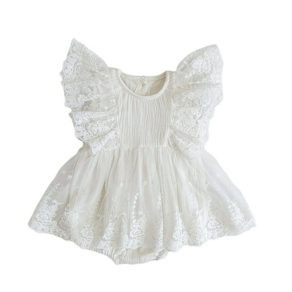 MIASHUI Vêtements pour Bébé Fille, Barboteuse en Dentelle Tutu à Volants à Manches Volantées avec Broderie Florale, Blanc, 6-9 Mois