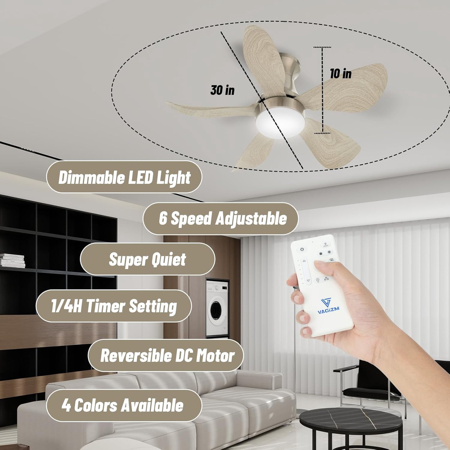 Vagizm 30-Inch Brushed Nickel Flush Mount Ceiling Fan with LED Light and Remote Control