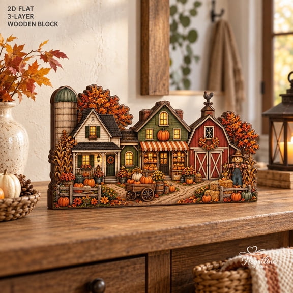 Wooden Block Halloween Pumpkin Patch Village Farmhouse Shelf Display for Fall Decorating
