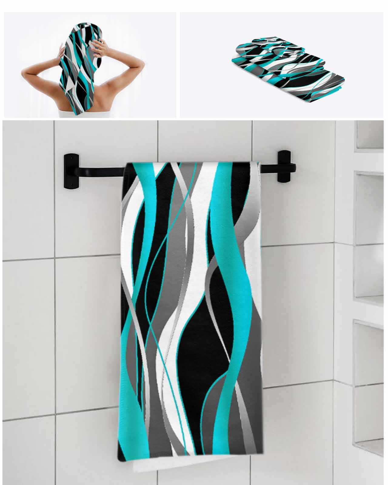 Aqua Stripe Bath Towels for Bathroom Set,Luxury Microfiber Towels Gifts for Women,Beach Kitchen Hand Hair Face Towel and Dish Washcloth,Ombre Grey Moire Geometric Modern Abstract Towels+Set
