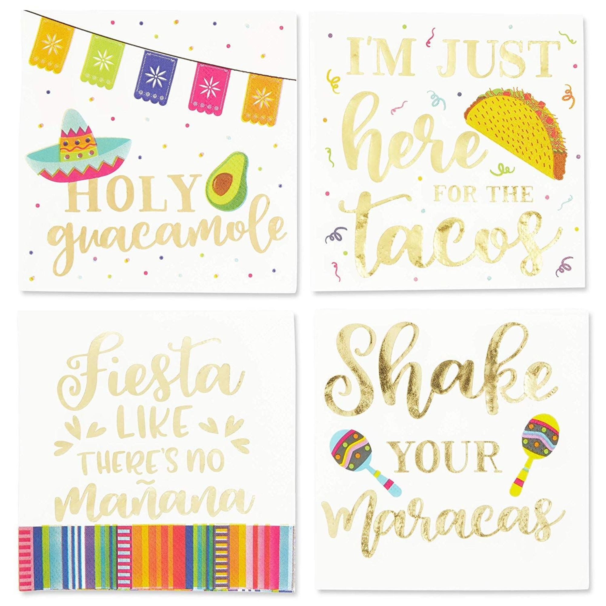 100 Pack Mexican Fiesta Cocktail Napkins with Gold Foil, 5 x 5 inches