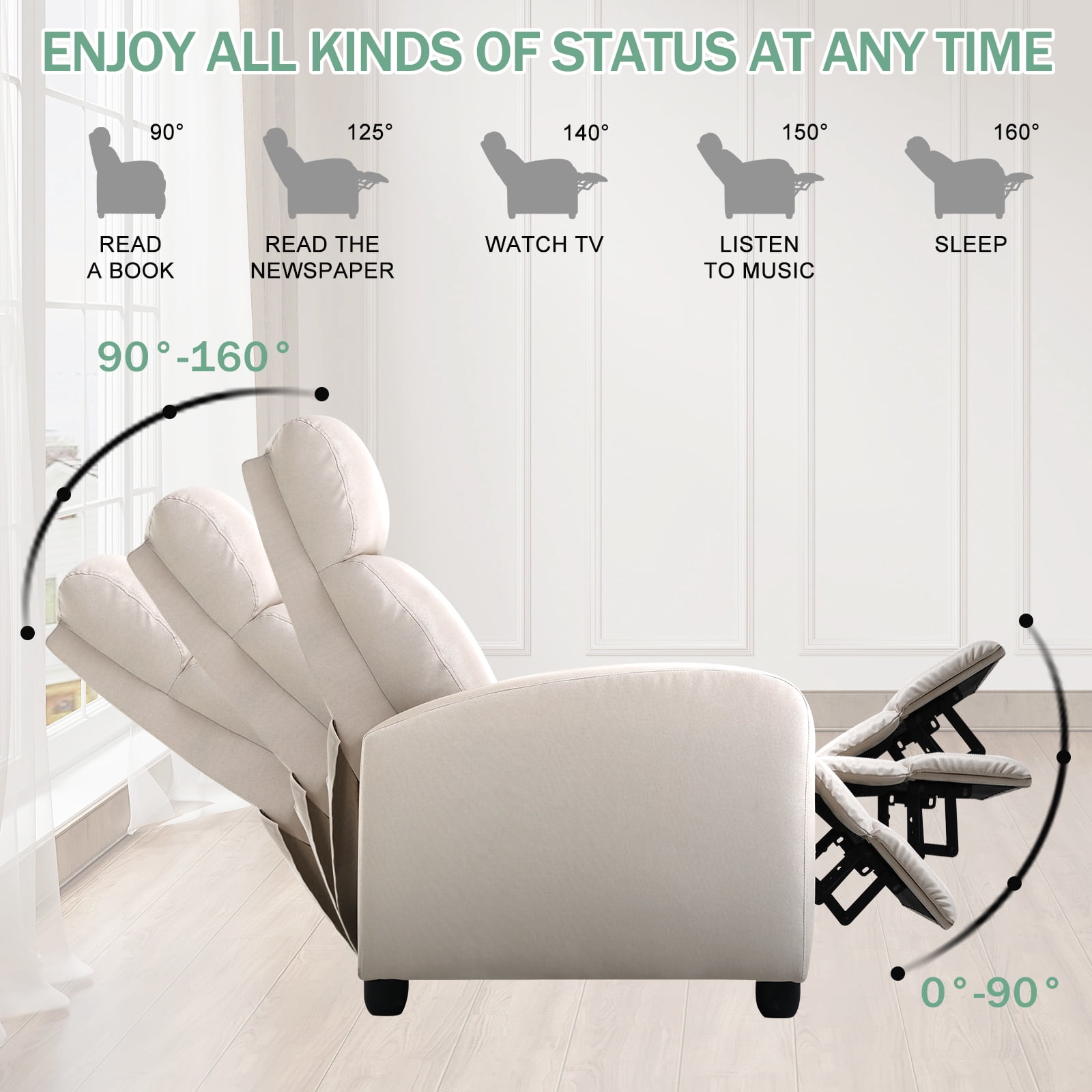 Recliner Chair for Living Room Single Recliner Sofa Adjustable Home Theater Seating Fabric Padded Seat with Footrest, Modern Reading Reclining Chair Easy Lounge, Beige