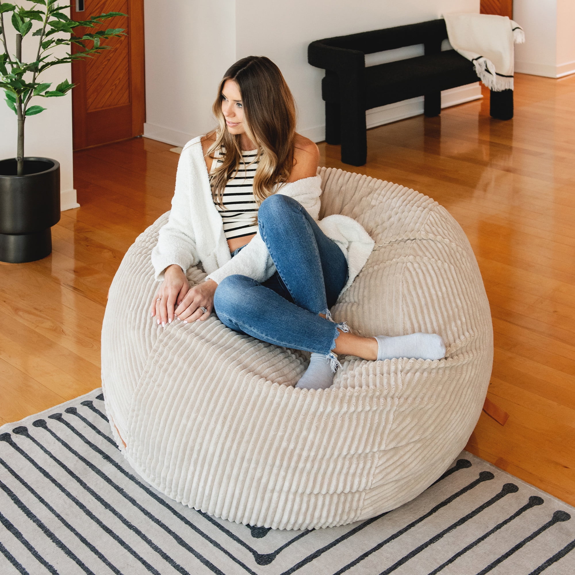 Big Joe Fuf 5Ft Oversized Foam Bean Bag Chair for Kids, Teens, Adults, Vanilla Latte, Corded Plush, 5 foot Large Reading and Gaming Seat