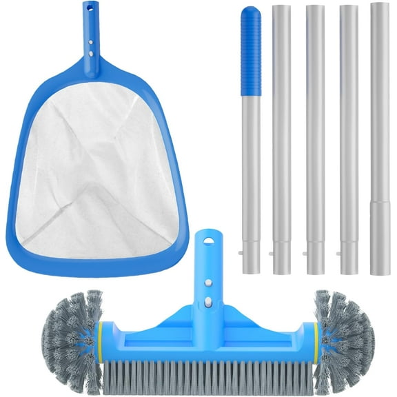 3PCS Pool Cleaning Kit - 12.5'' Pool Brush with Round End & 11'' Pool Skimmer Net Fine Mesh & 5.7 Feet Thick Aluminum Pole 5-Segment, for Above Ground & Inground Pools Ponds