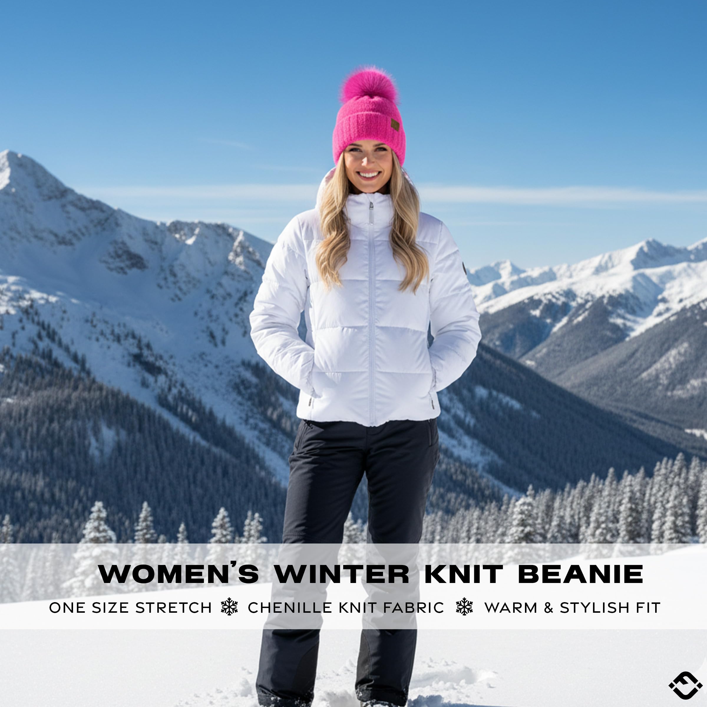 Funky Junque Beanie for Women Ultra Soft Chenille Faux Fur Pom Pom Winter Hats Warm Ski Cap Fashion - Hot Pink