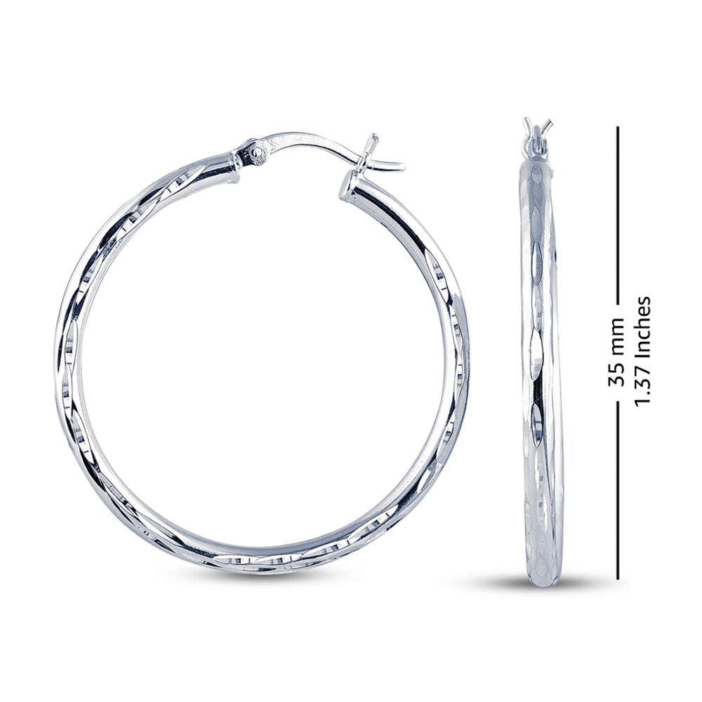 LeCalla 925 Sterling Silver Diamond-Cut Click Top Hoop Earrings 2.5MM Thick Italian Light-Weight Earrings for Women 35MM