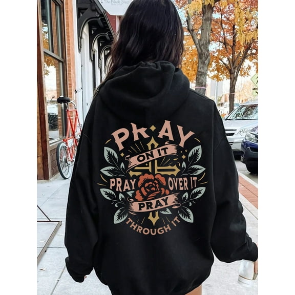 Plus Size, Women's Black & Geometric Religious Print Hoodie with Pray On It/Through It/Over It Verse - Cross & Leaf Design, Casual Winter Warm Pullover Sweatshirt