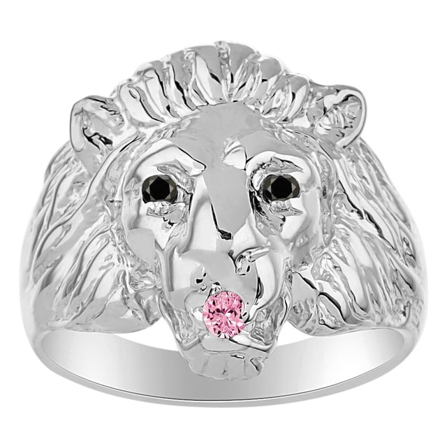 RYLOS Rings Sterling Silver Lion Head Ring Black Diamonds Eyes & Gemstone Mouth Fun Designer Rings Pink Ice Jewelry Size 6