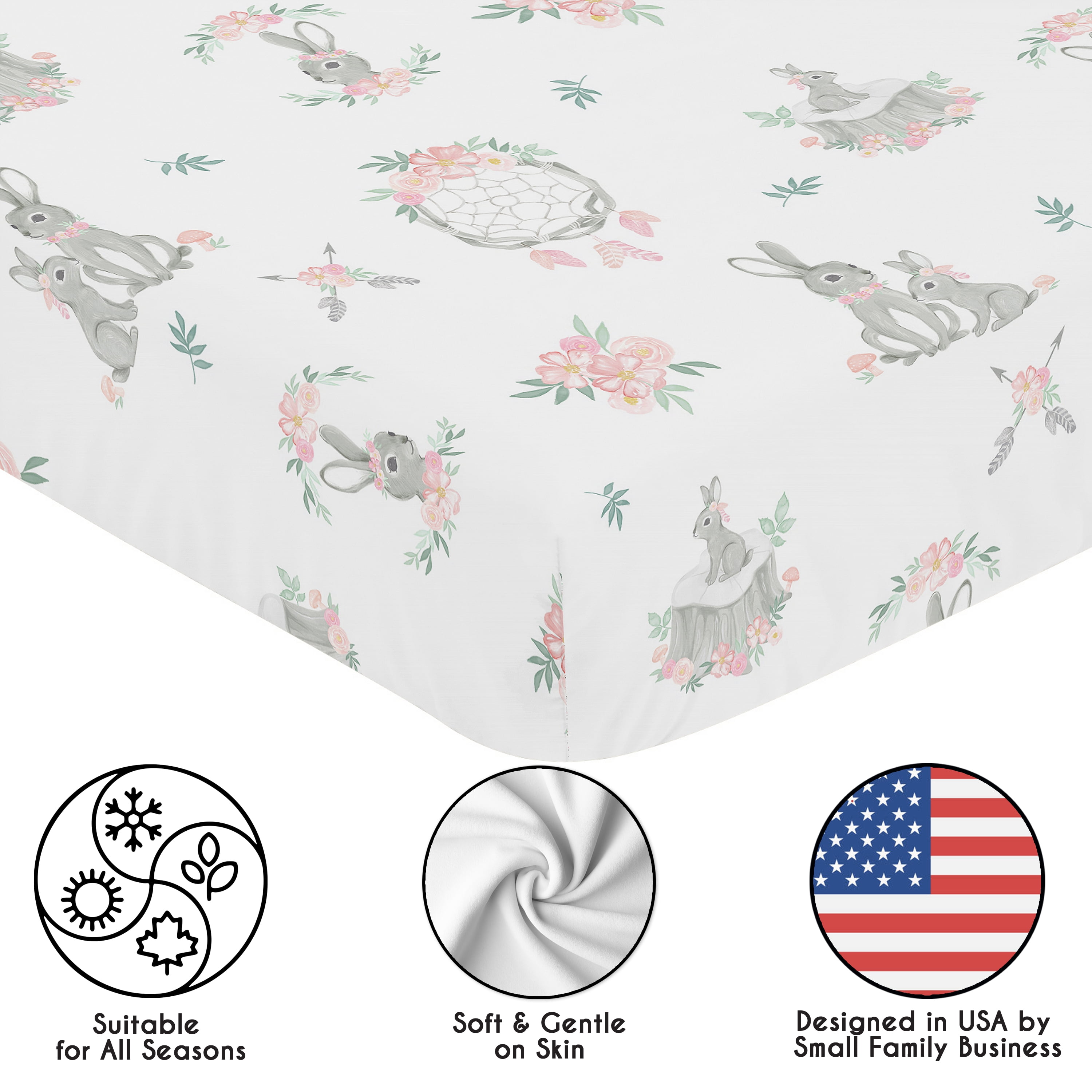 Sweet Jojo Designs Bunny Floral Girl Fitted Crib Sheets Set 2 Piece