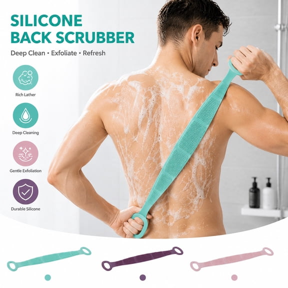 Silicone back scrubber for shower | long exfoliating body wash brush strap with loop handles | soft bristle deep cleansing lathering exfoliation belt for men women