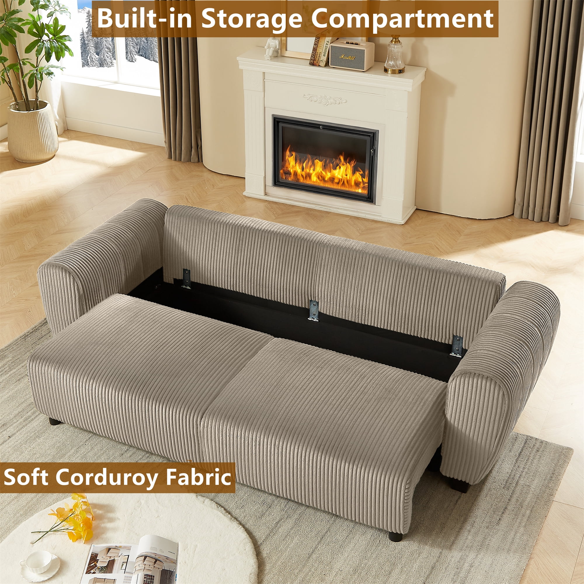 Aukfa 92" Oversized Storage Futon Convertible Sleeper Sofa, Corduroy, 2 Pillows, Light Brown