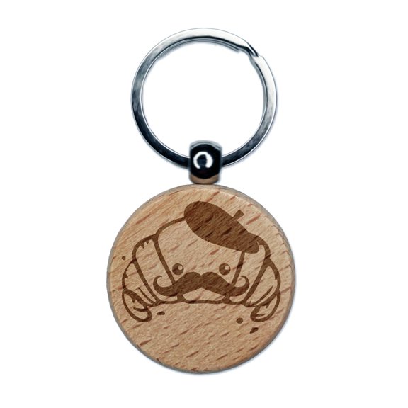 Cute Kawaii French Croissant with Beret and Mustache Round Keychain Charm Tag - Engraved Wood