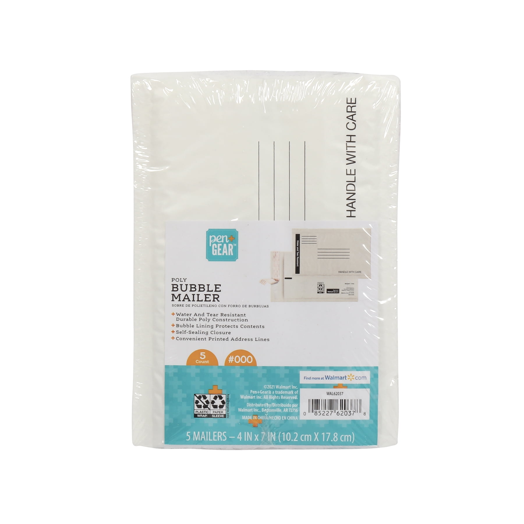 Pen+Gear White Poly Bubble Mailers, 4' x 7' (#000), Peel and Seal, 5 Pack