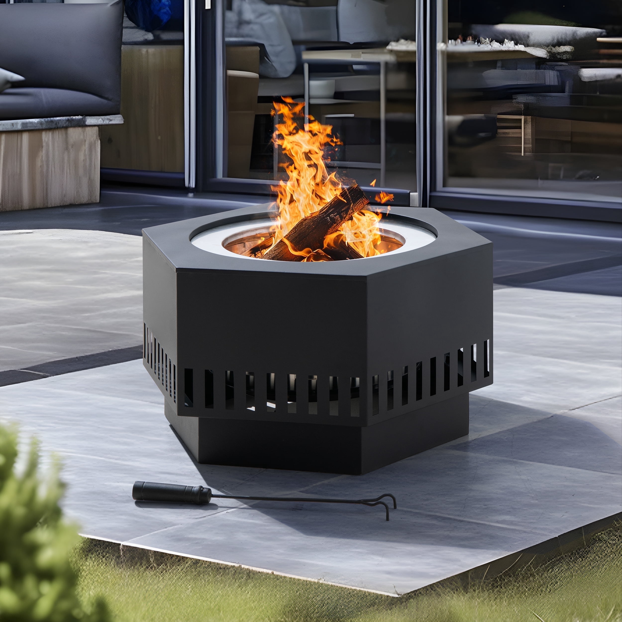 Sunjoy 28 In Smokeless Fire Pit with Removable Ash Pan, Outdoor Portable Wood Burning Fireplace with PVC Cover and Fire Poker ,Ideal for Camping, Bonfire, and Backyard, Black