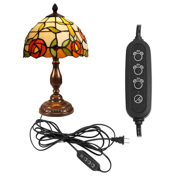 FSLiving Lampe de Chevet avec Minuterie d'Arrêt Automatique, Lampe de Bureau à Brancher pour Décoration en Verre de Chambre, Lampe de Chevet avec Abat-Jour en Verre Rose Tiffany Teinté en Cône pour Salon, Dortoir, Bureau à Domicile - Ampoule Non Incluse