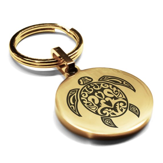 Stainless Steel Turtle Maori Symbol Round Medallion Keychain Circle Ring