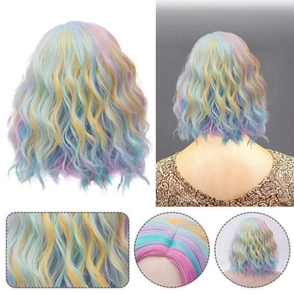 Leatfisat Short Bob Wavy Colorful Wig Rainbow Fun Wig For Women Role Play Halloween Wigs Heat Resistant Bob Party Wig (Rainbow)