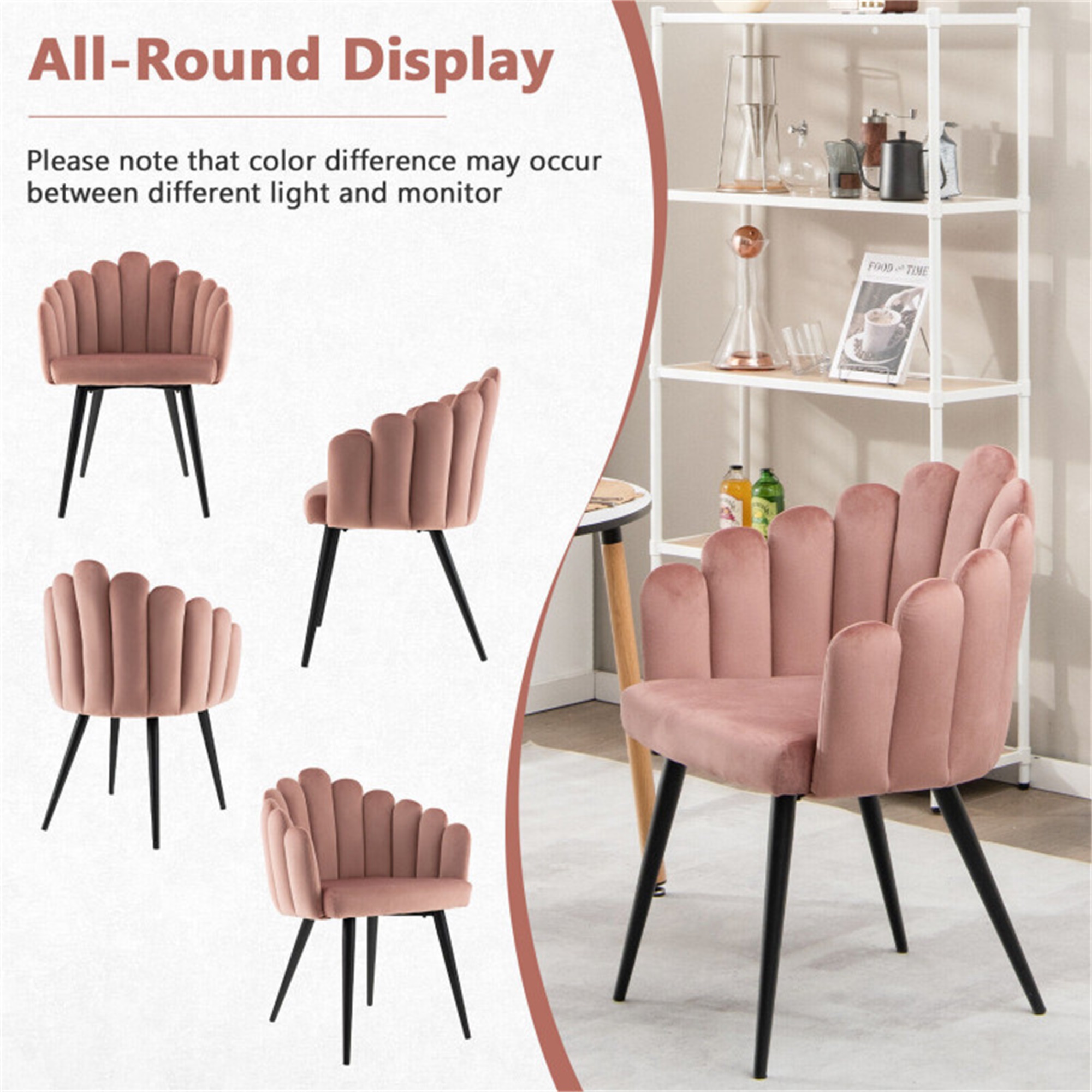 Demi Bonn Modern Velvet Dining Chair with Metal Base and Petal Backrest, Pink