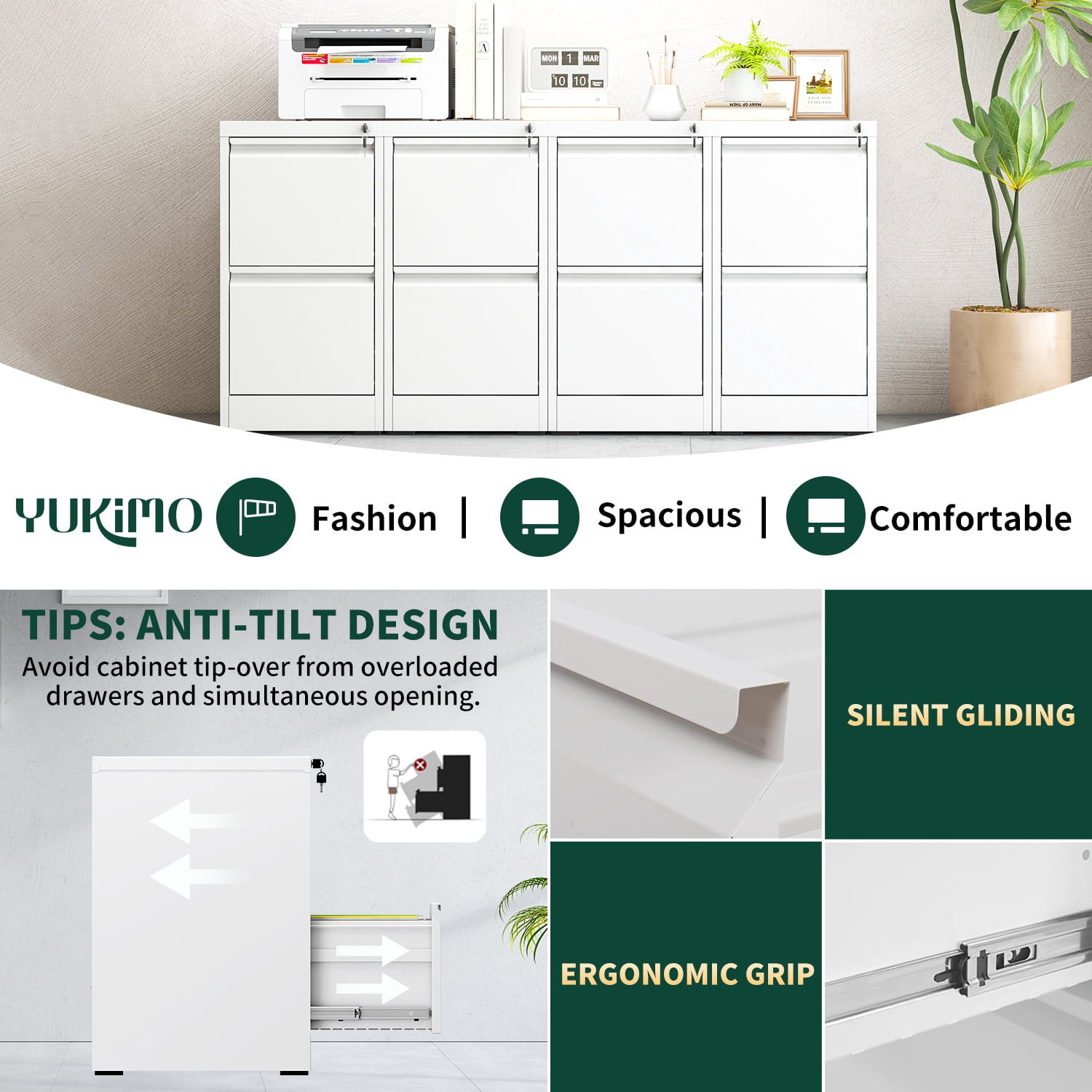 IKIMI 2 Drawer Vertical File Cabinet with Lock, 28.8" H Metal Office Storage Cabinet for A4/Letter/Legal Size, White