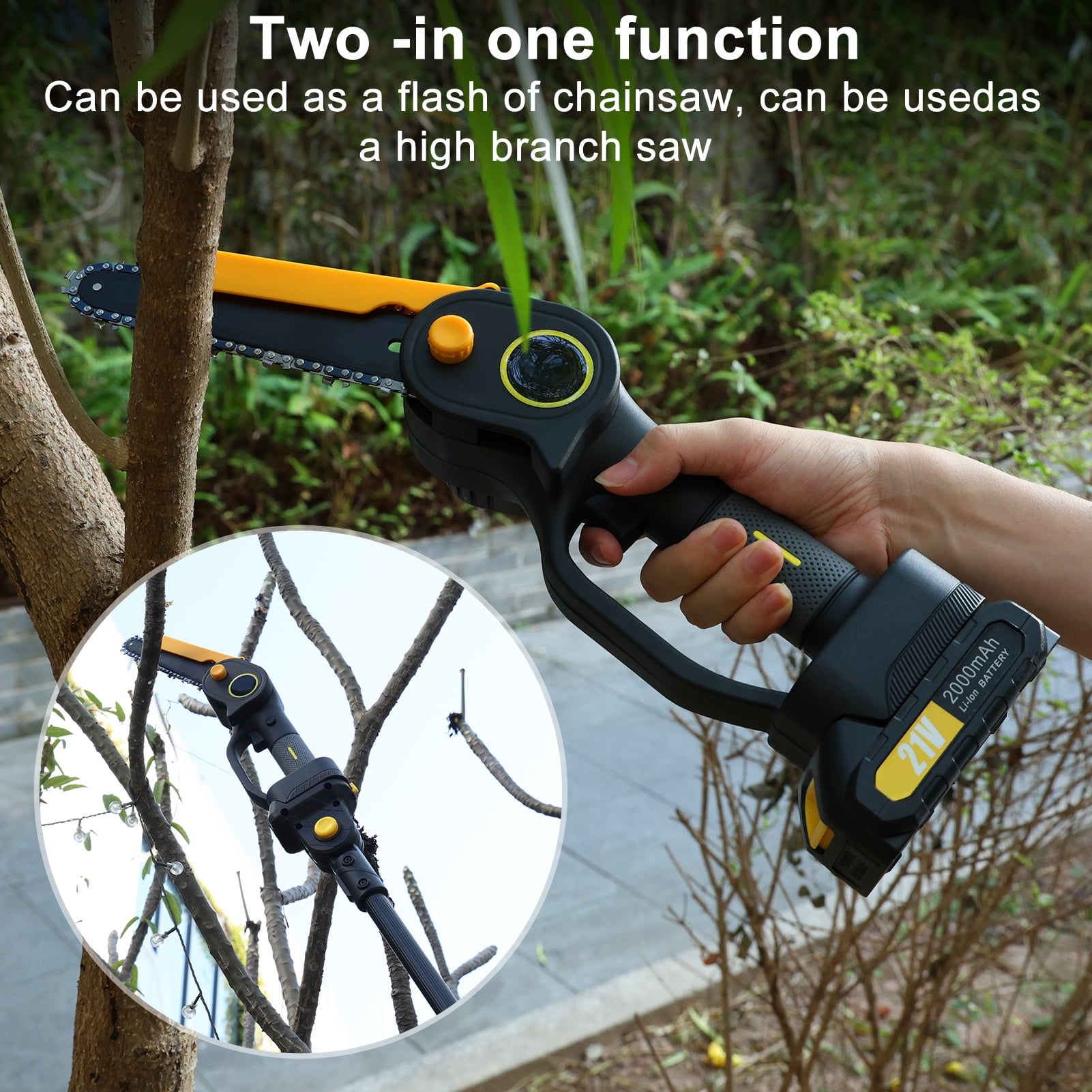 Fompes 2-in-1 Cordless Pole Saw & 6" Mini Chainsaw 4.9-7.5FT Telescoping Branch Cutter with 2PCS 2.0Ah Batteries and a Charger Brushless Pole Saw for Tree Trimming Wood Cutting