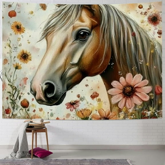 Autua Horse Flowers Painting Tapestry Wall Hanging Unique Style 40x30inch