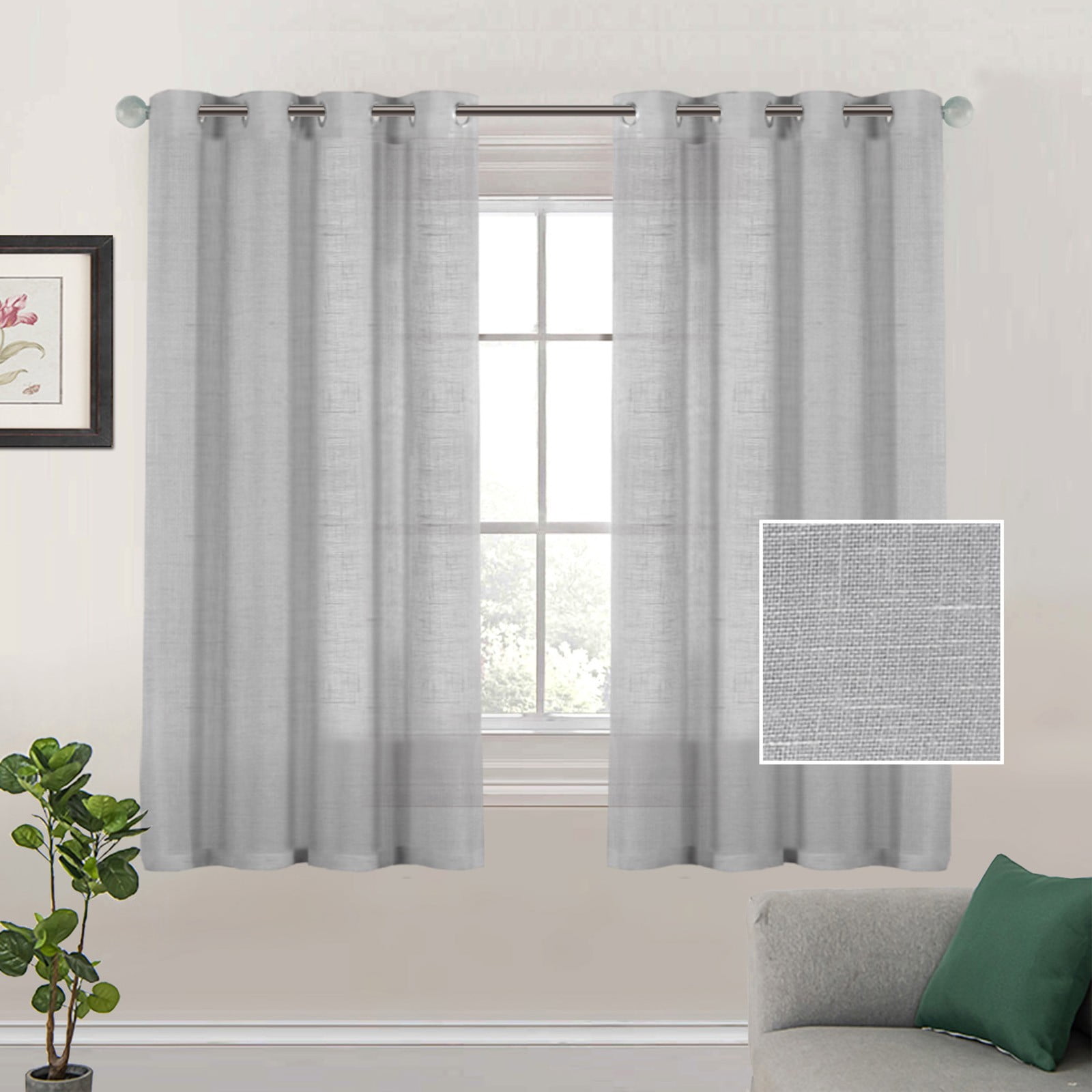 Linen Sheer Curtains 52X63 Inches, Semi Sheer Light Filtering Curtain Panels with Natural Linen Blend, Privacy Drapes for Living Room Bedroom with Grommets, 2 Curtains